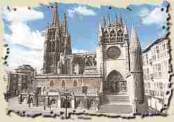 En 1984 la UNESCO declara a la Catedral de Burgos Patrimonio de la Humanidad. El maravilloso templo gtico y su entraable marco forman un conjunto nico, de acusada y original personalidad e insuperable belleza. La contemplacin exterior de esta estampa arquitectnica con las torres y agujas de estilizada gracia gtica elevndose hacia el cielo produce una incontenible admiracin. Las obras fueron iniciadas el 20 de julio de 1221 por iniciativa de Fernando III siguiendo varios modelos franceses. En el siglo XIV se complet el claustro con las capillas aejas. Durante la segunda mitad del siglo XV e inicios del XVI los Colonia aadieron las Torres y el Cimborrio (Reconstruido por Juan de Vallejo). En su interior la baslica consta de 3 espaciosas naves alrededor de las cuales se insertan, en irregular distribucin, trece capillas. Adems hay una nave de crucero elevada a la misma altura que la central formando una cruz latina